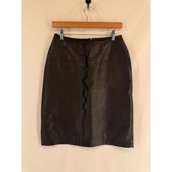 Vintage Limited Express Women's Black Leather Moto midi Skirt Size 7 - Picture 1 of 8